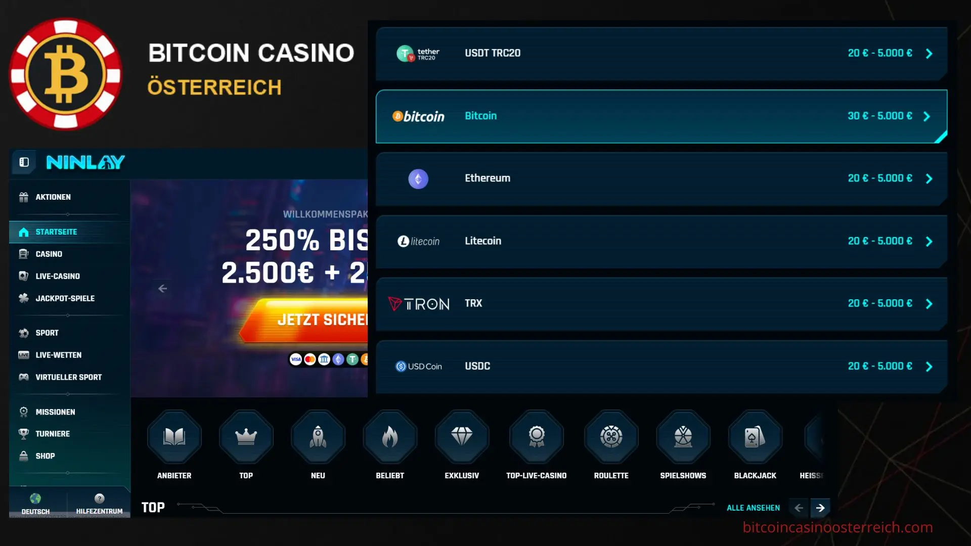 Ninlay Bitcoin Casino für Spieler aus Österreich