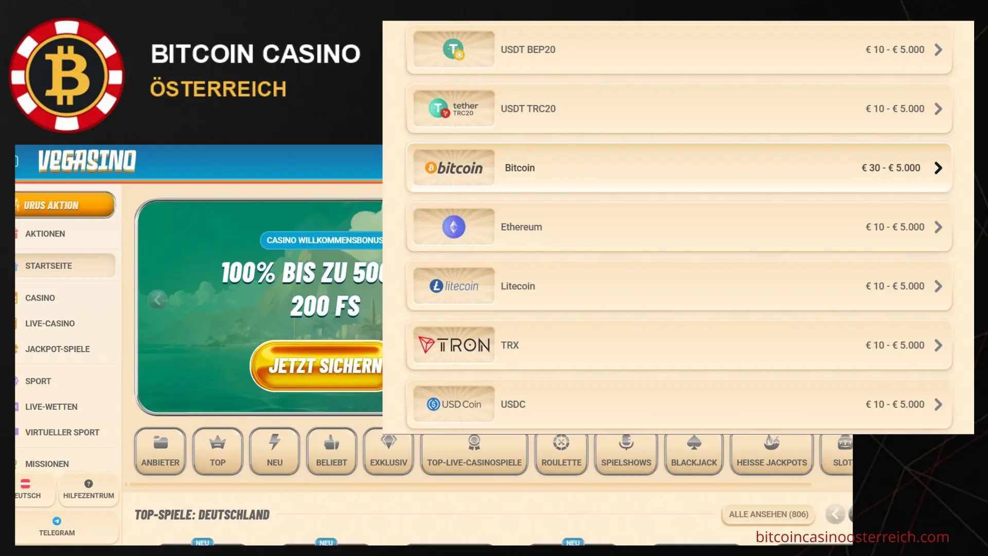 Vegasino – bestes Bitcoin Online Casino für Österreich