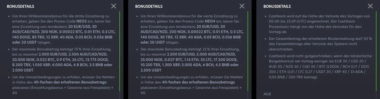 Bonusbedingungen und Cashback-Aktionen im NeoSpin Casino